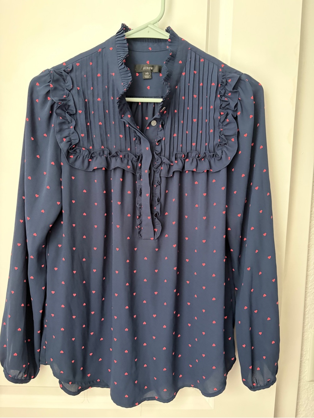 J.Crew Navy Heart Print Ruffle Neck Popover Blouse XS